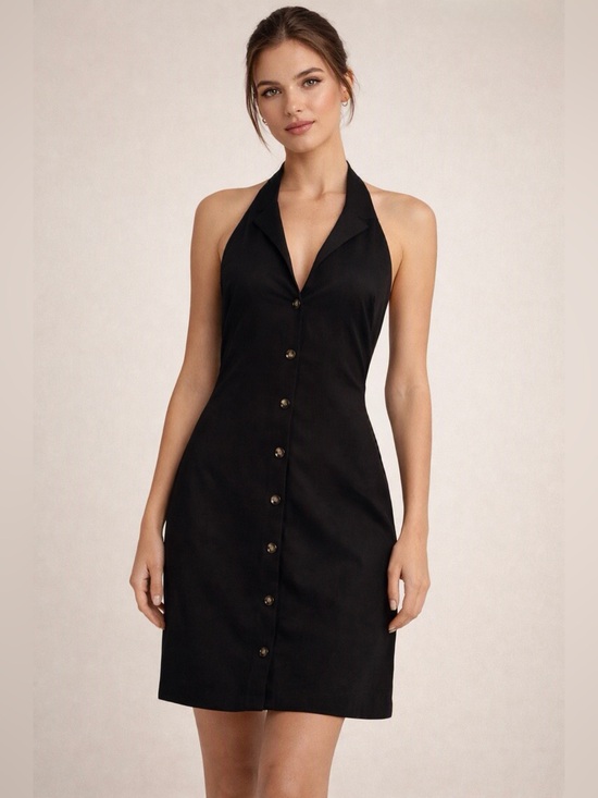 Monteau Los Angeles Dresses & Skirts - Monteau Los Angeles Black Linen Blend Halter Button-Front Dress Size Small NWOT